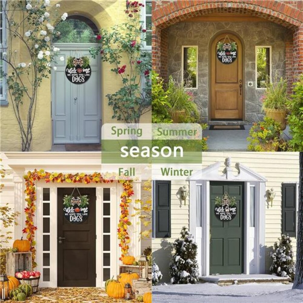 Interchangeable Wooden Seasonal Welcome Sign, Rustic Round Dogs Sign - Picture 5 of 8